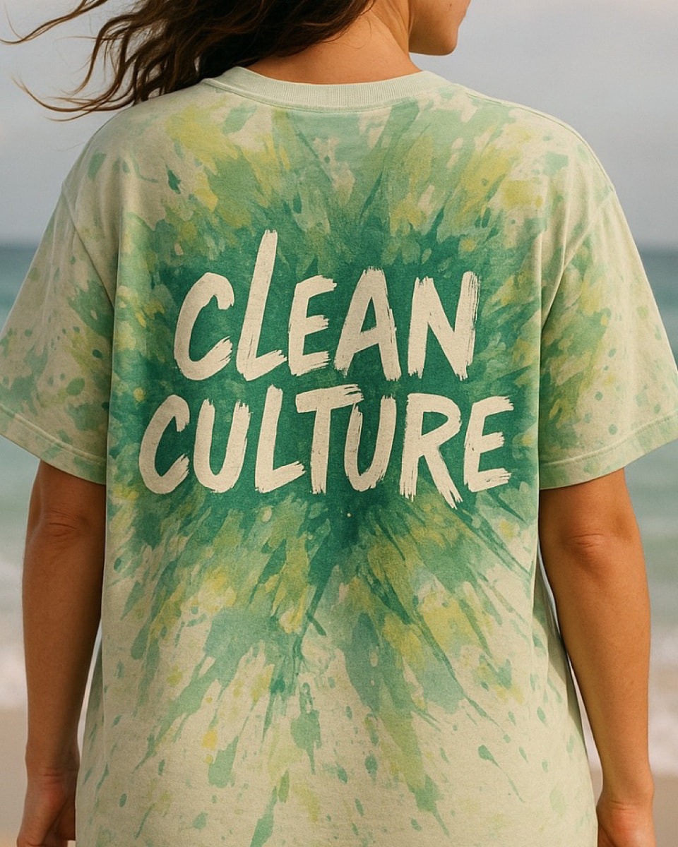 Tie-dye Clean Culture tee on the beach