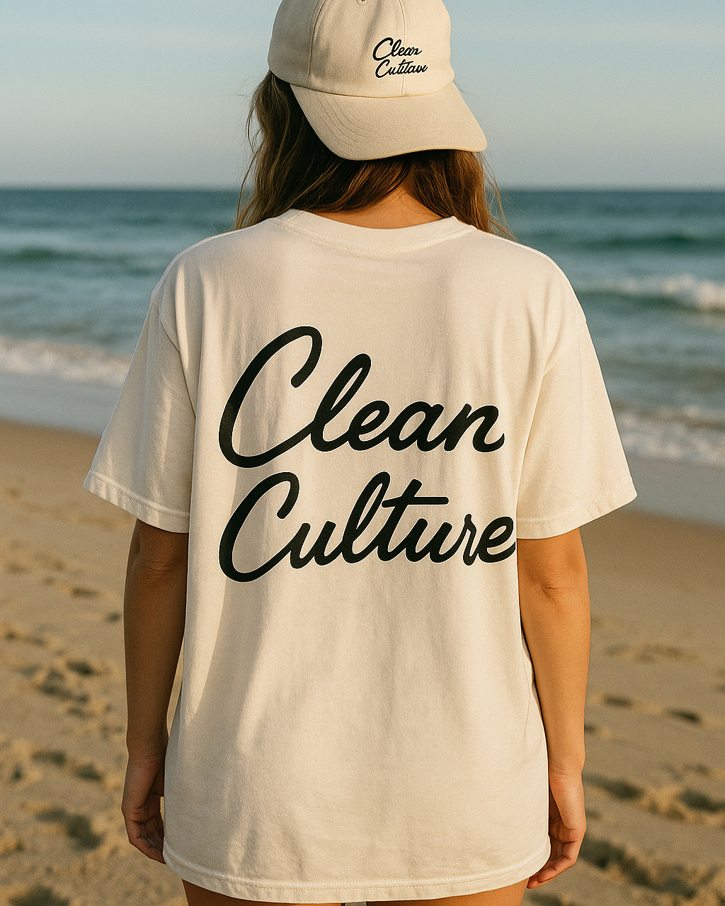 Friends on the beach in CleanCulture tees and cap